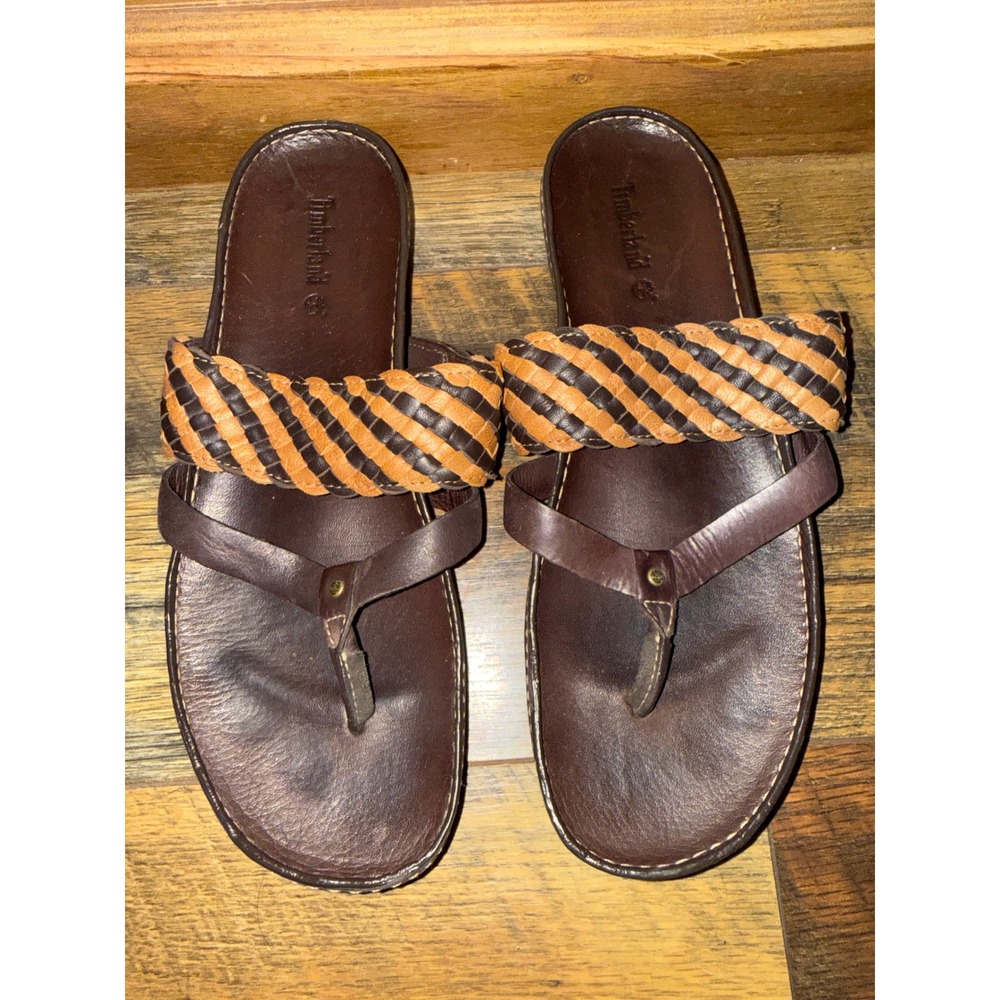 Timberland Brown Leather Woven Thong Sandals 11677 7290 Womens 9.5M Boho Slides‎